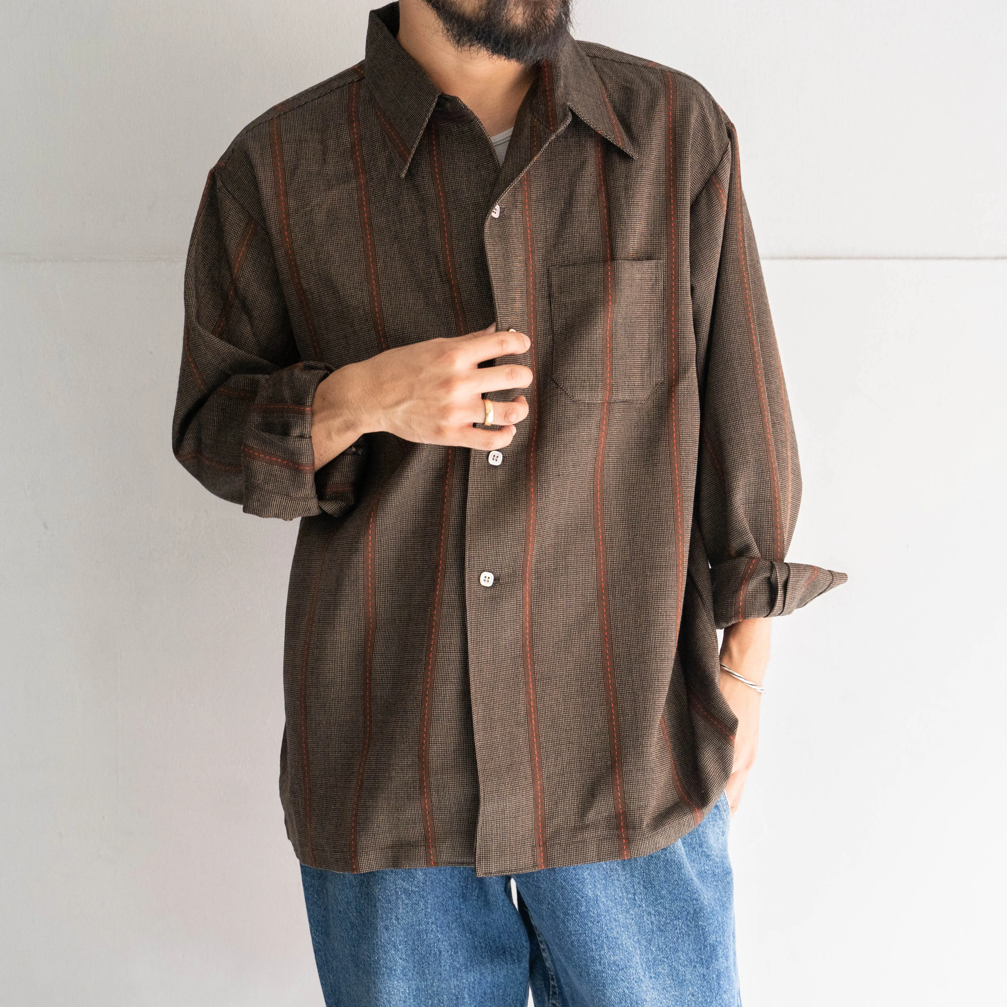 1990s Japan vintage dark brown base stripe open collar shirt