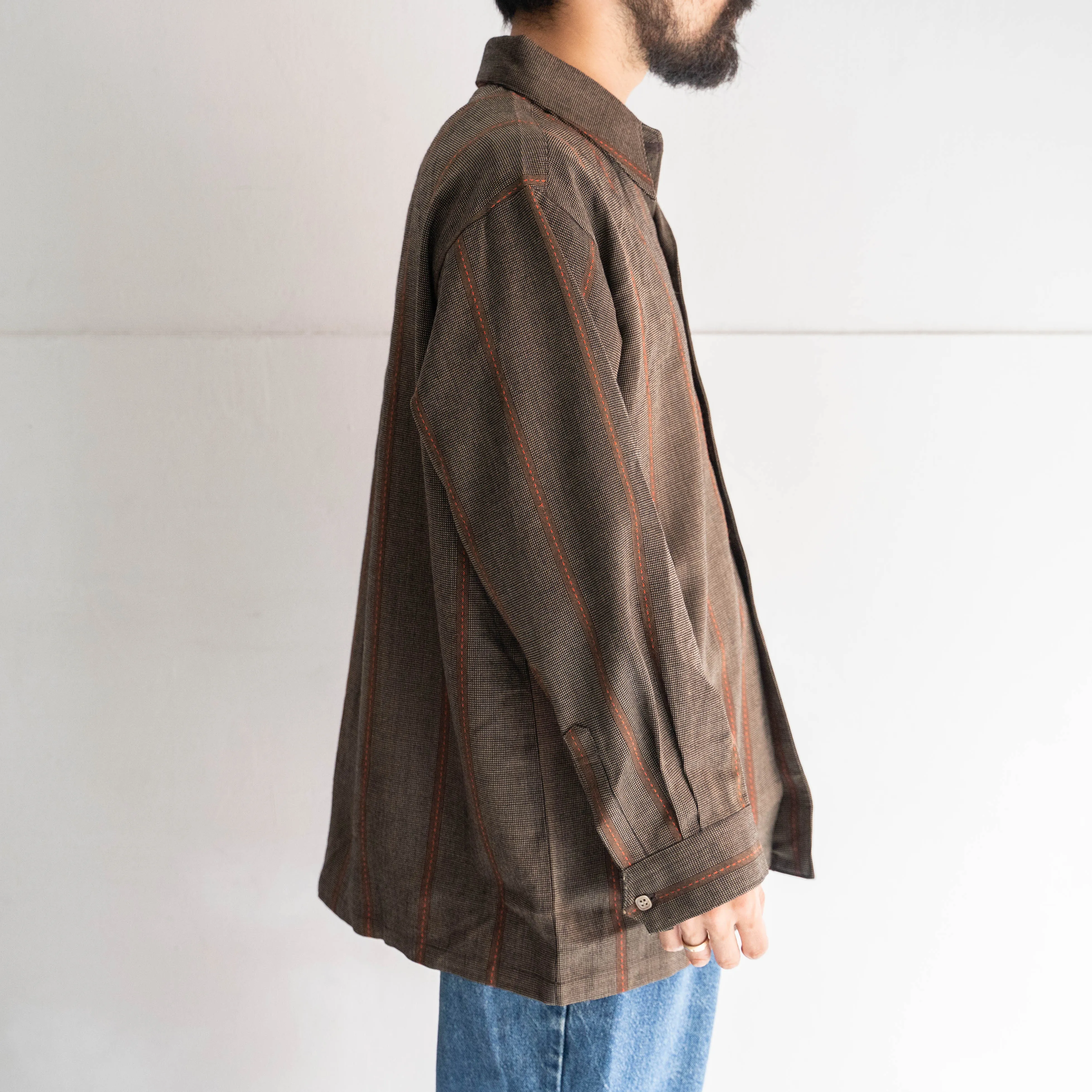 1990s Japan vintage dark brown base stripe open collar shirt