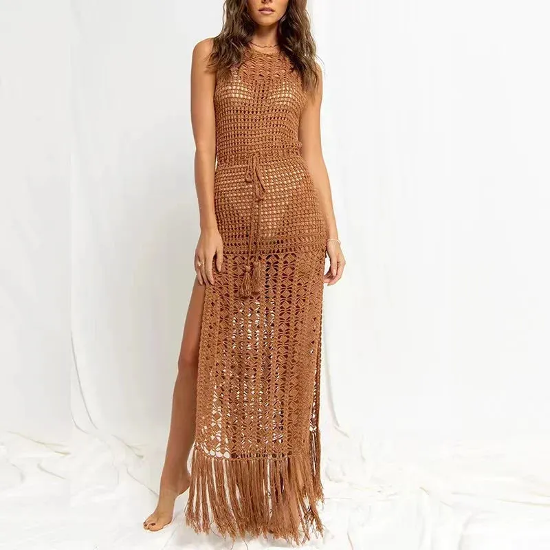 2024 Sexy Hollow Out Fringe Tassel Knitted Crochet Beach Cover Ups Kimono Dress