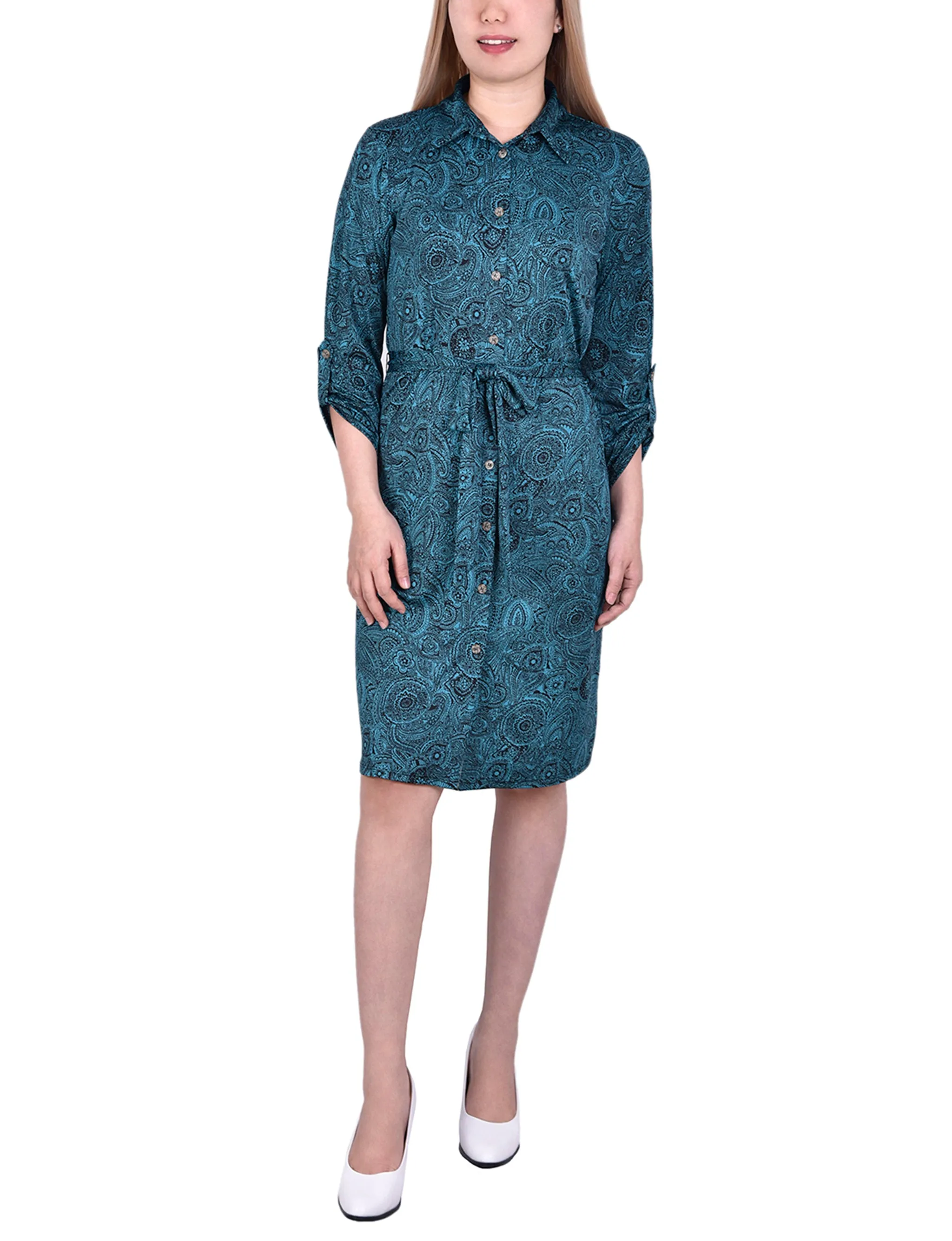 3/4 Sleeve Roll Tab Shirtdress