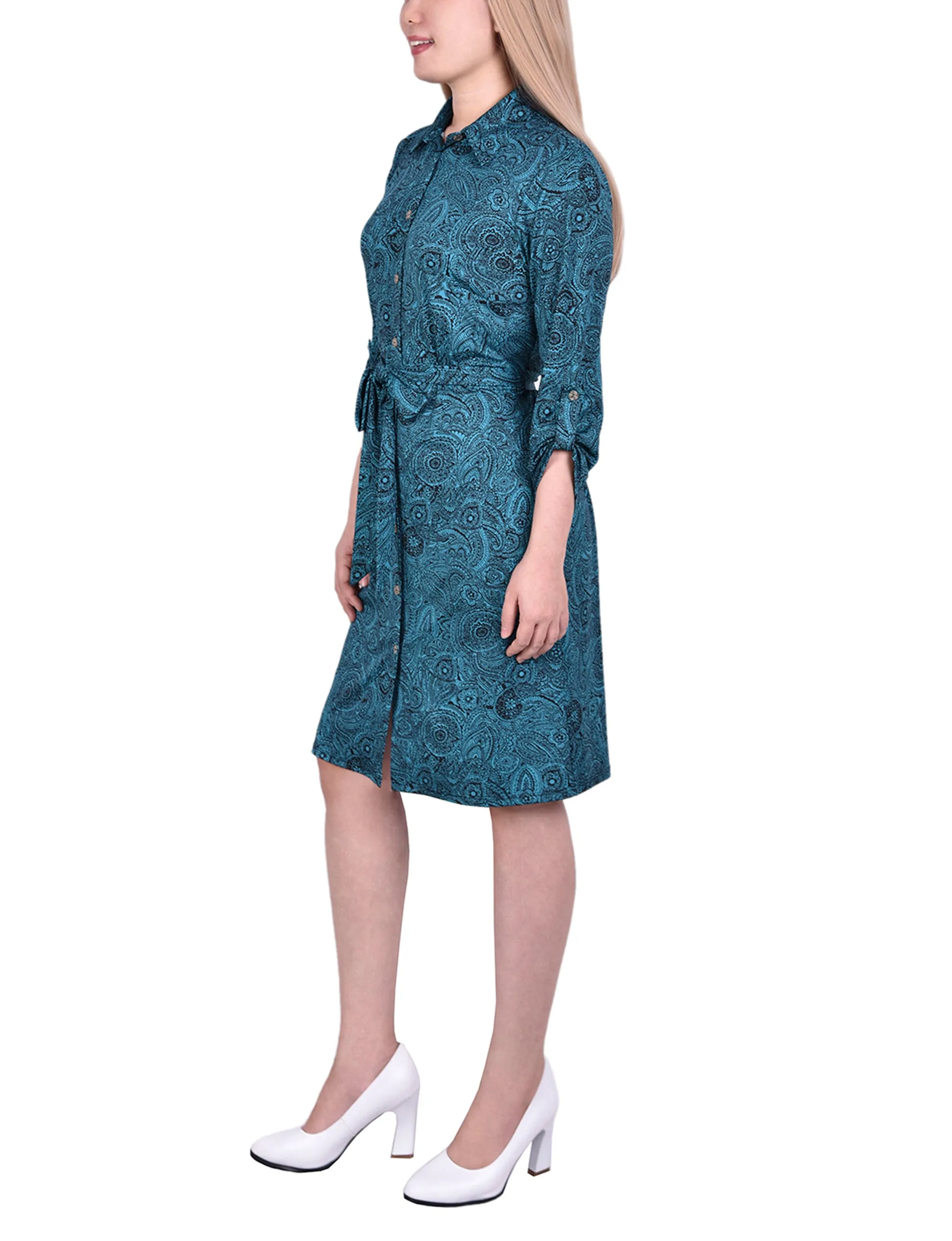 3/4 Sleeve Roll Tab Shirtdress