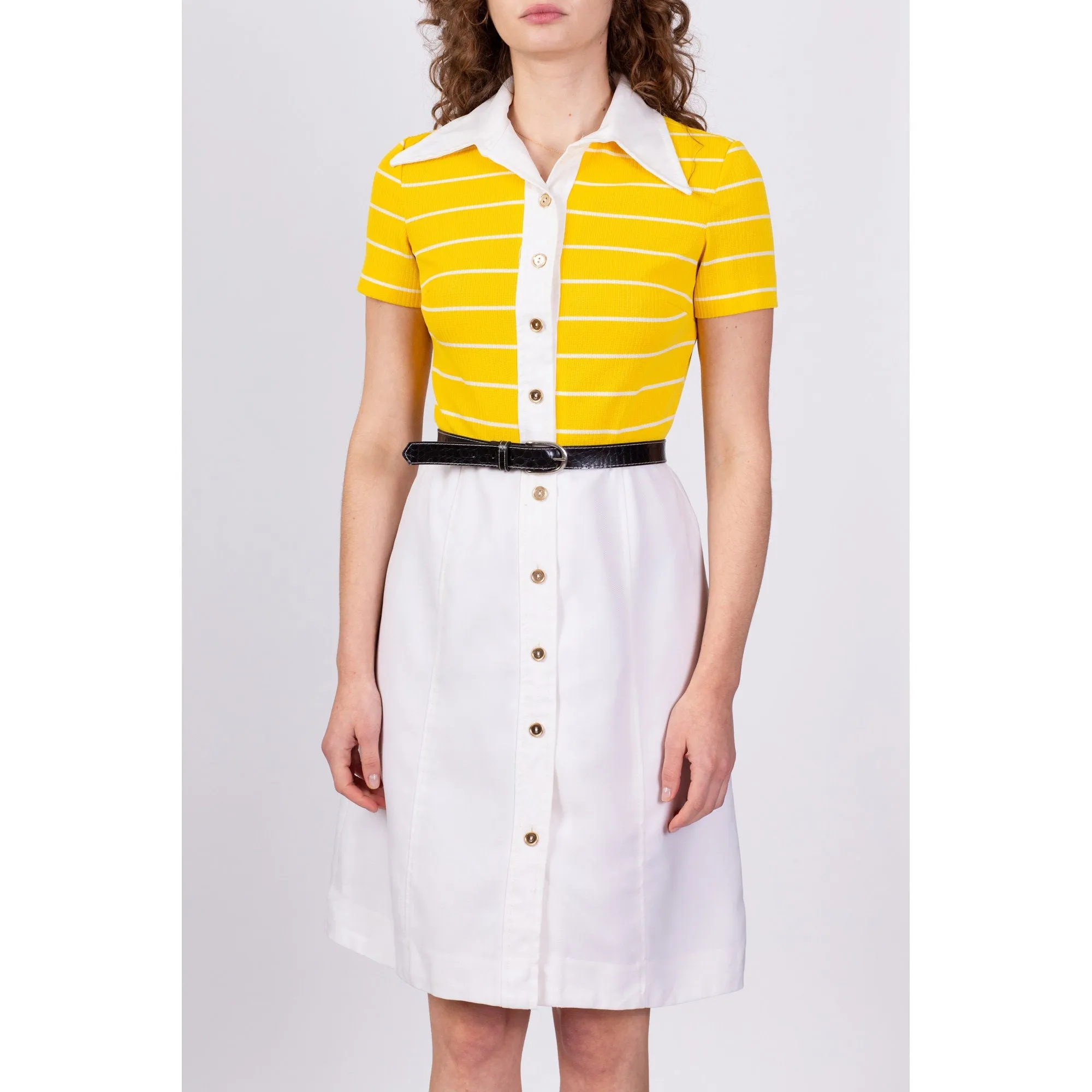 60s Yellow & White Striped Mini Dress - Small