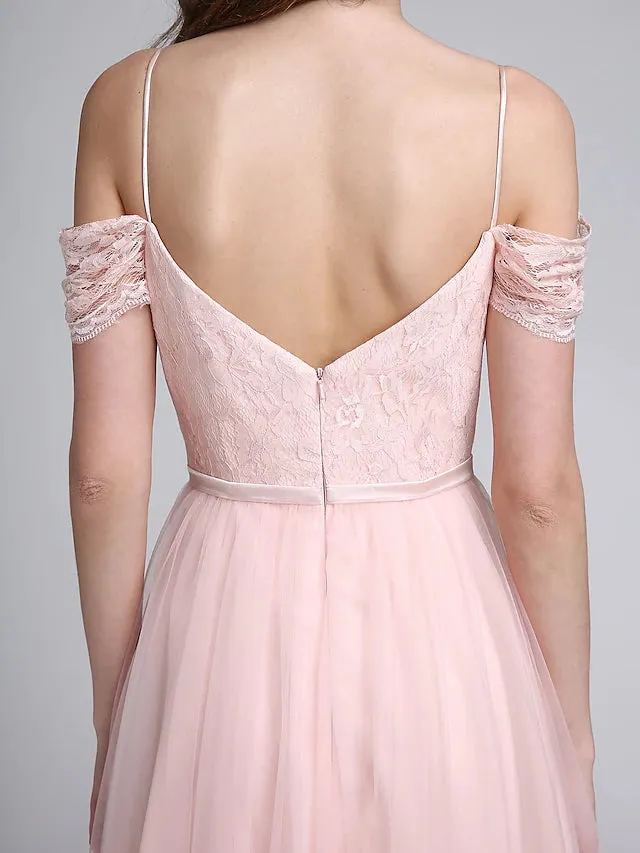 A-Line Bridesmaid Dress Spaghetti Strap Sleeveless Open Back Floor Length Lace Over Tulle with Lace  Sash  Ribbon