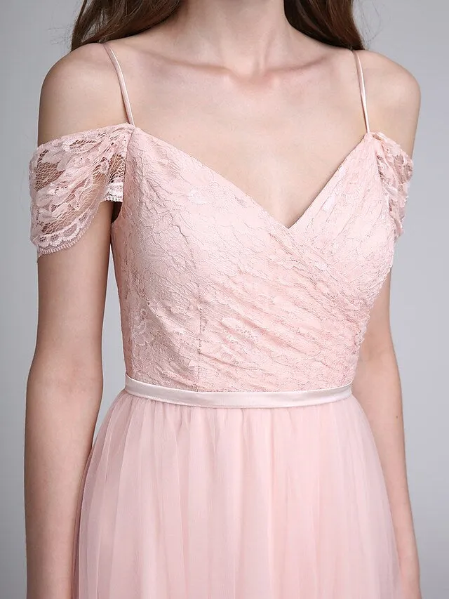 A-Line Bridesmaid Dress Spaghetti Strap Sleeveless Open Back Floor Length Lace Over Tulle with Lace  Sash  Ribbon