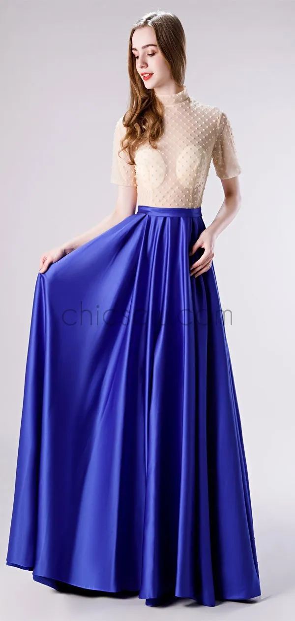 A-line Custom High Neck Half Sleeves Red Blue Green Silver Modest Simple Long Prom Dresses LMX1182