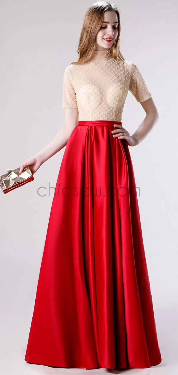 A-line Custom High Neck Half Sleeves Red Blue Green Silver Modest Simple Long Prom Dresses LMX1182