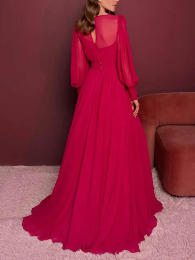 A-Line Deep V-Neck Long Sleeves Floor-Length Evening Dress with Ruffles