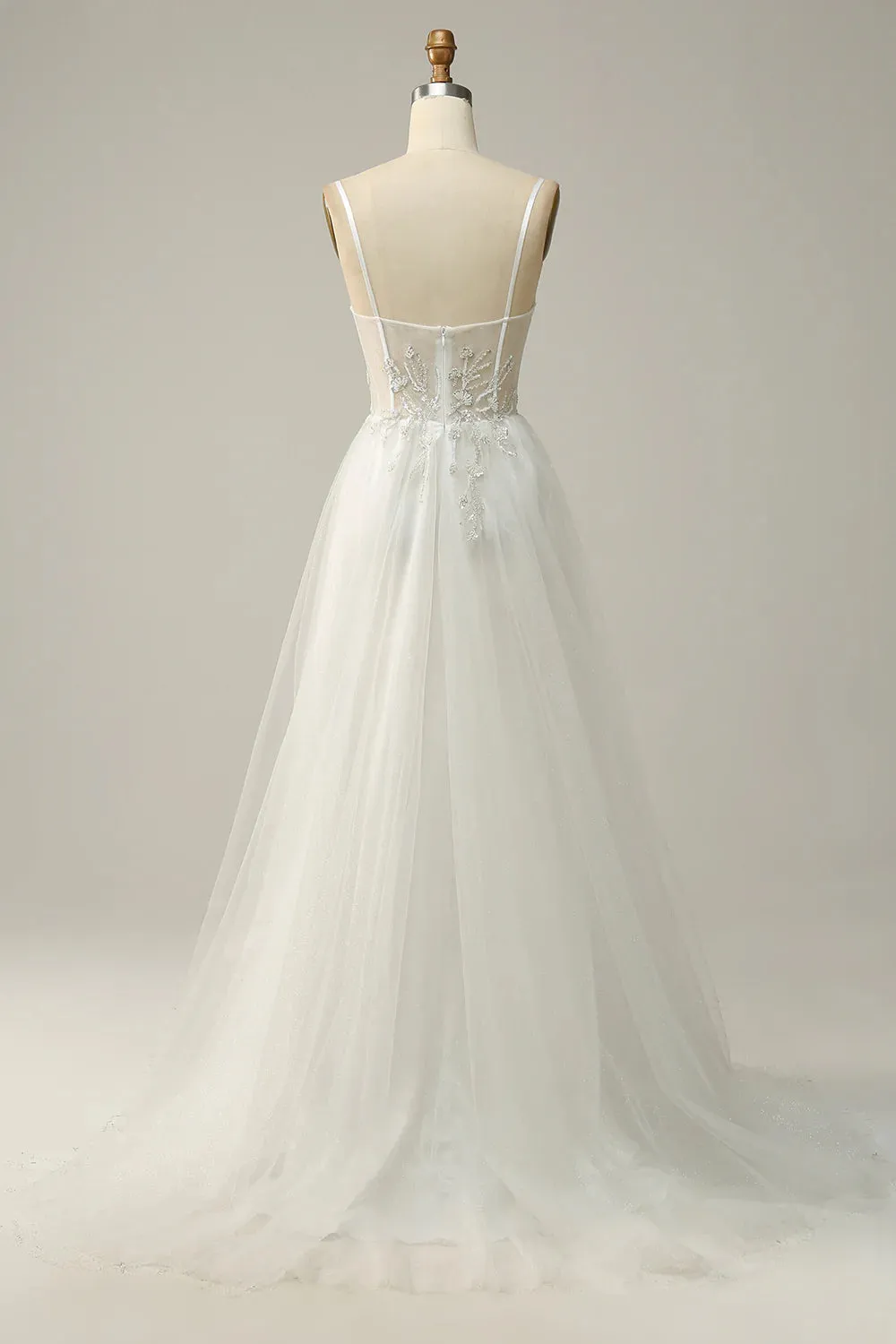 A Line Spaghetti Straps White Long Bridal Dress with Appliques