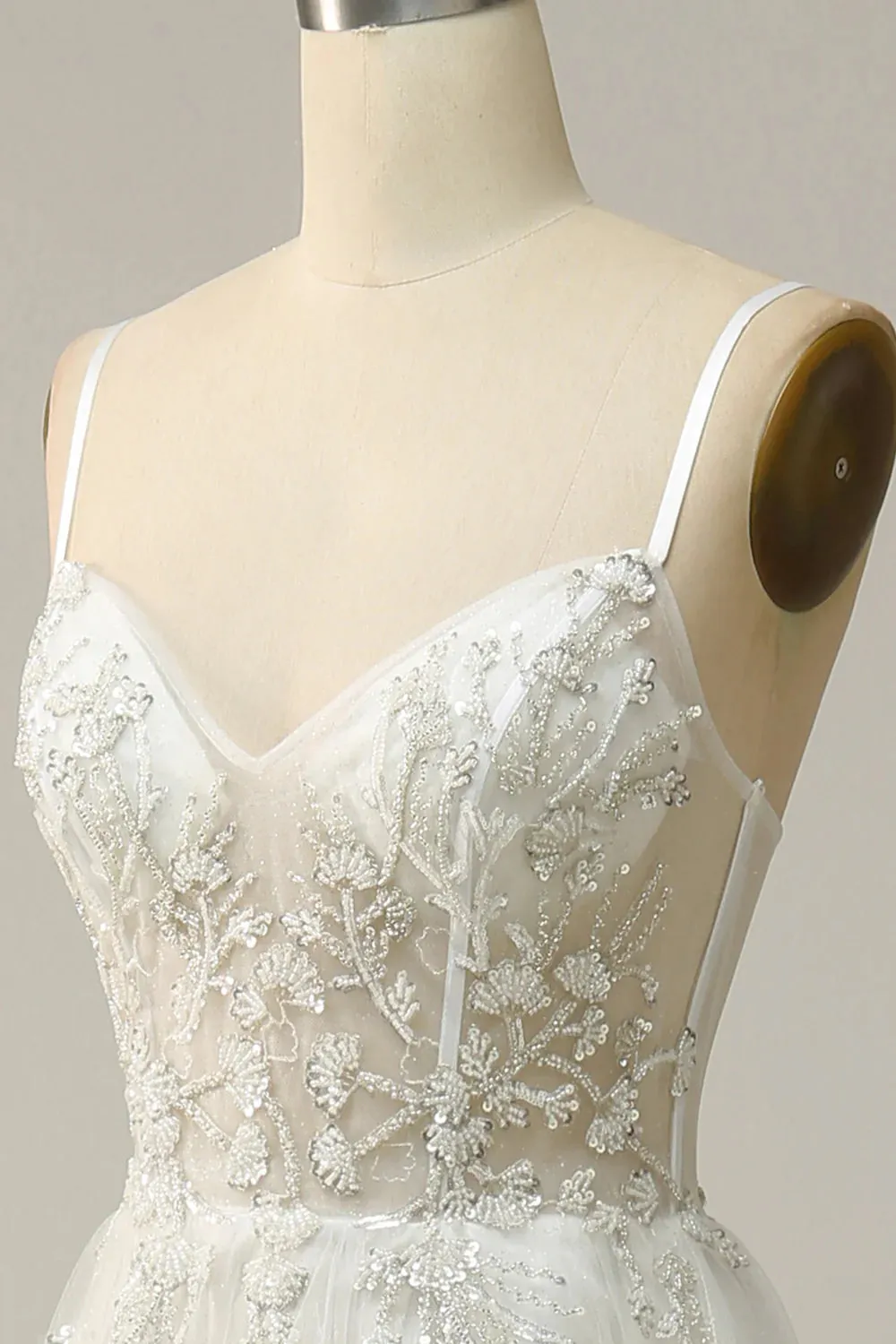 A Line Spaghetti Straps White Long Bridal Dress with Appliques