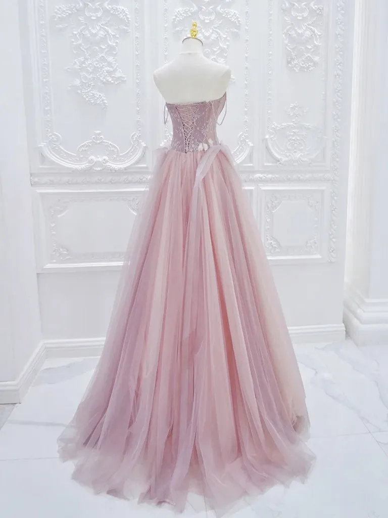 A-Line Tulle Lace Pink Long Prom Dress, Pink Tulle Lace Long Formal Dress