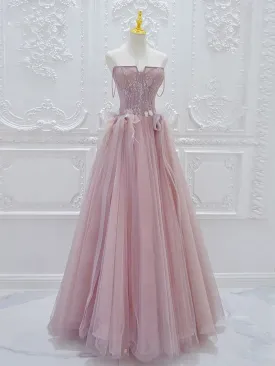 A-Line Tulle Lace Pink Long Prom Dress, Pink Tulle Lace Long Formal Dress