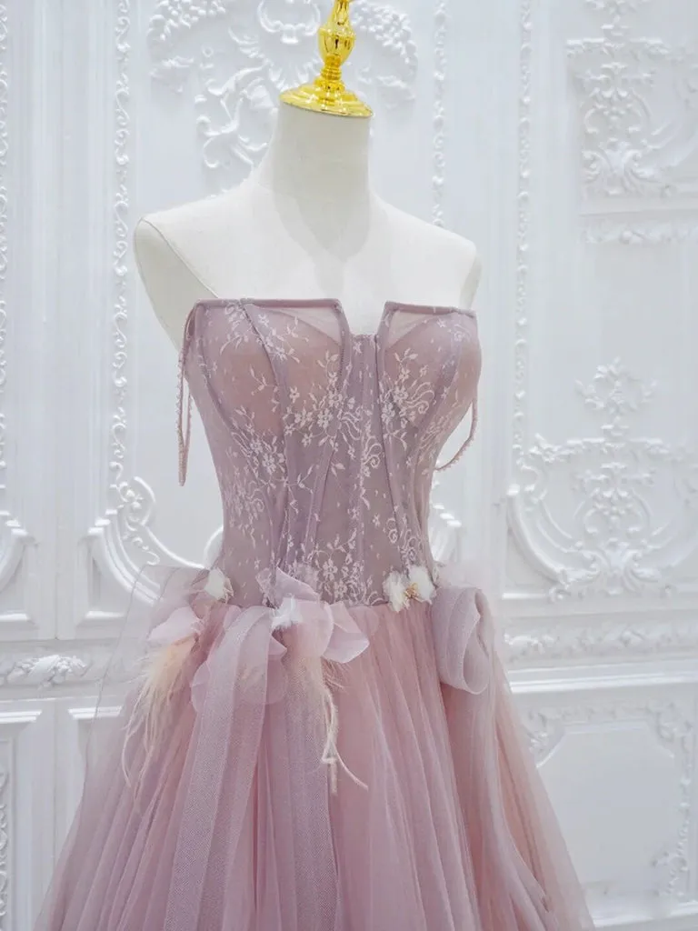 A-Line Tulle Lace Pink Long Prom Dress, Pink Tulle Lace Long Formal Dress