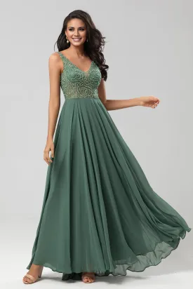 A Line V Neck Eucalyptus Long Prom Dress Charismatic Bridesmaid Dress with Beading