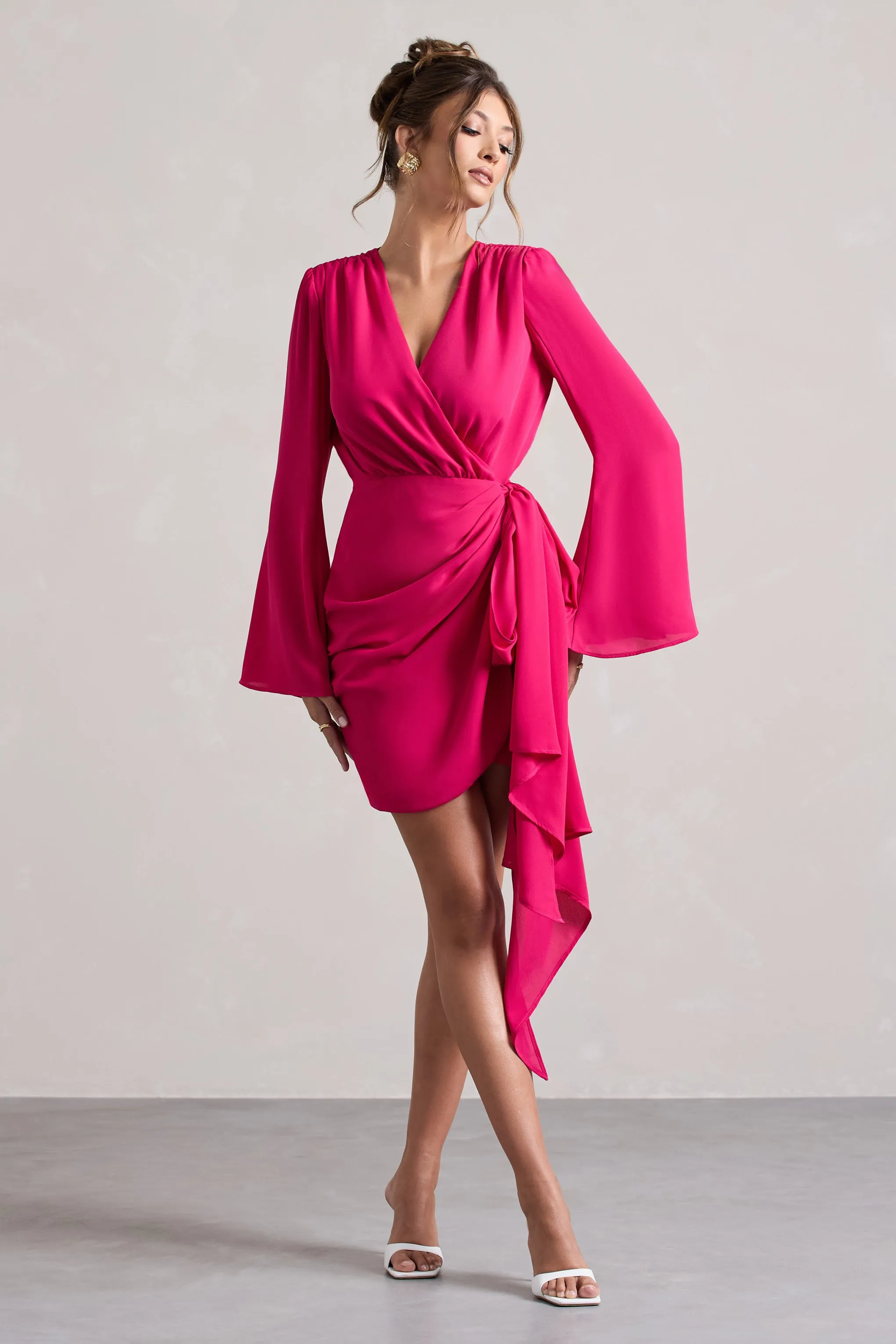 Alinta | Hot Pink Long-Sleeve Wrap Mini Dress