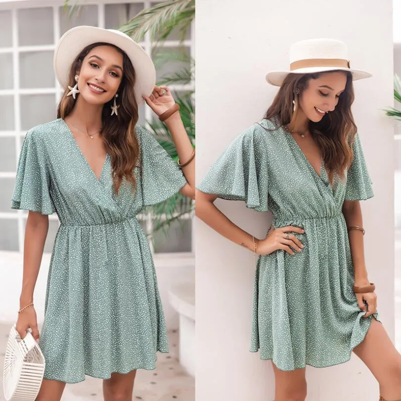 Amy Fashion - Casual V Neck Ruffles Party Beach Mini Dress