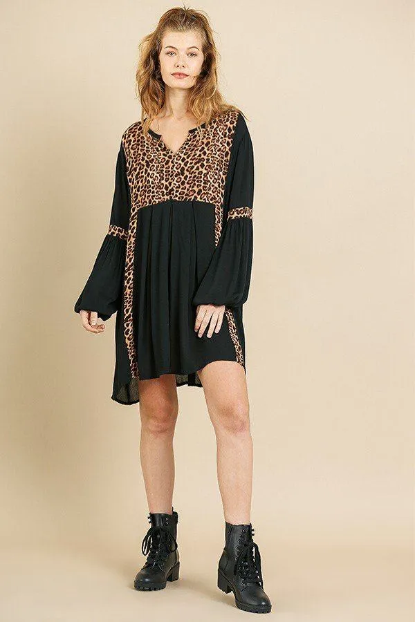 Animal Print Long Puff Sleeve Split Neck Babydoll Dress