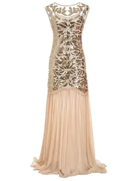 Apricot 1920s Sequin Maxi Flapper Dress