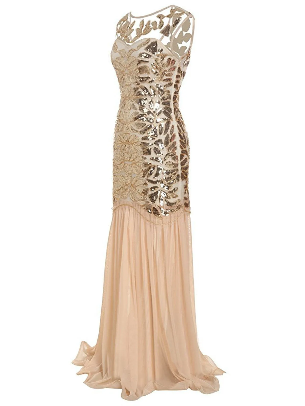 Apricot 1920s Sequin Maxi Flapper Dress