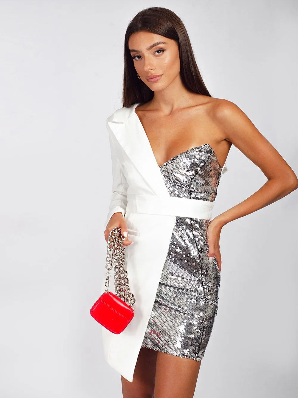 BAKATA White Half Sequinned Asymmetrical Mini Dress