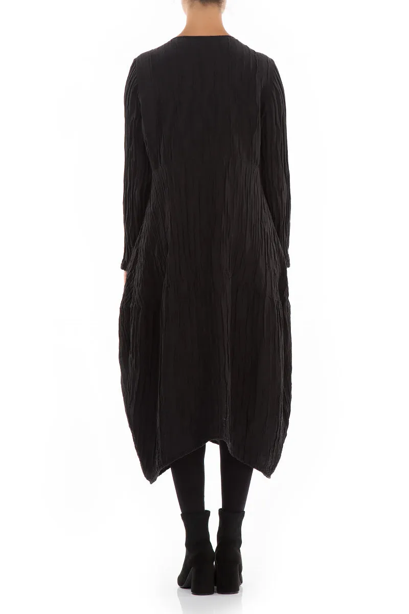 Balloon Crinkled Black Silk Linen Dress