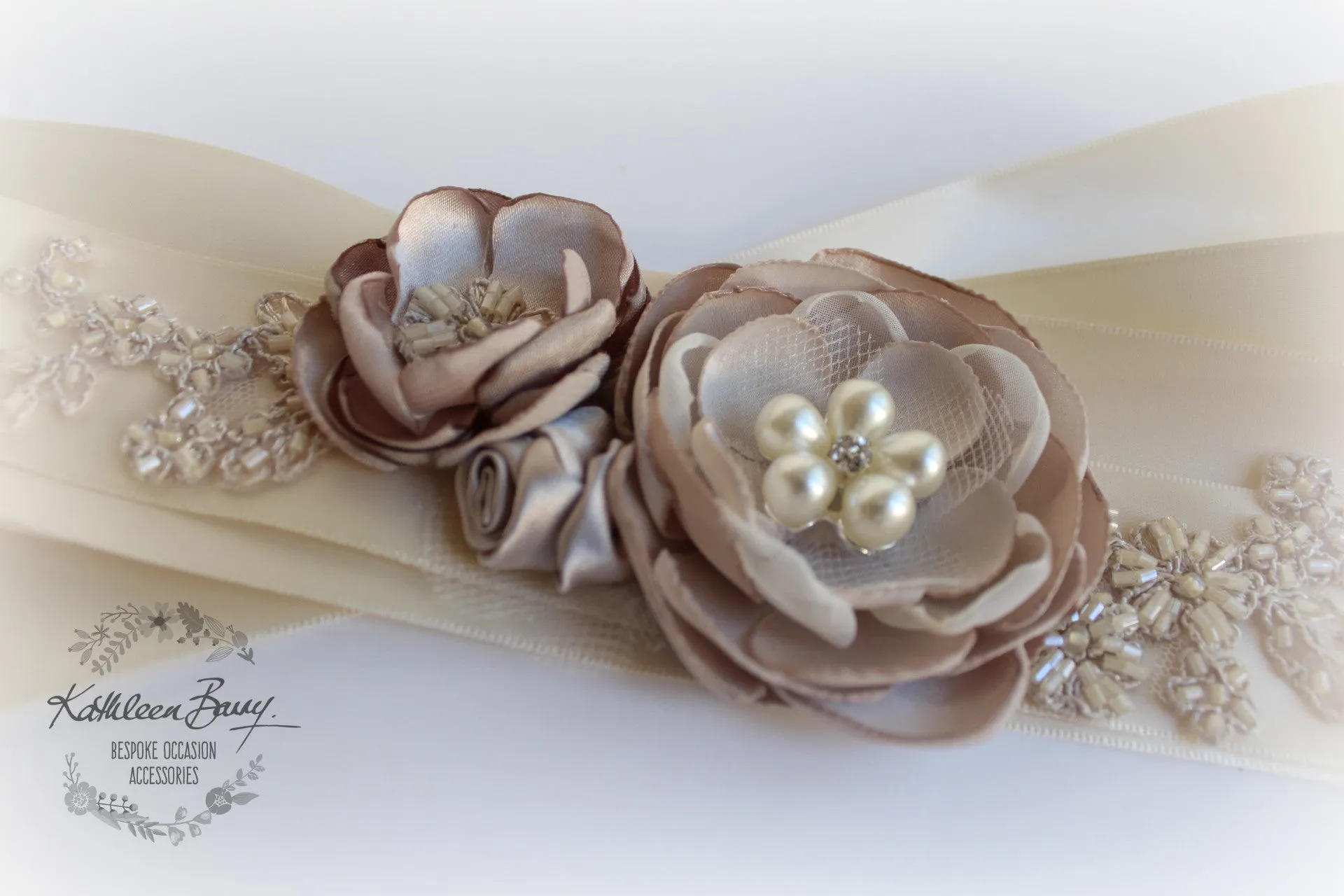 Bernice Wedding dress Sash with lace & handmade fabric flower detailing in taupe, Ivory, cream