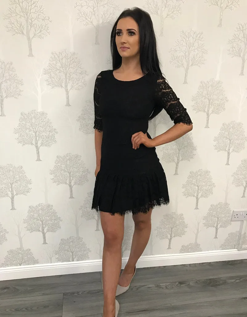 Black 3/4 Sleeve Lace Frill Hem Dress