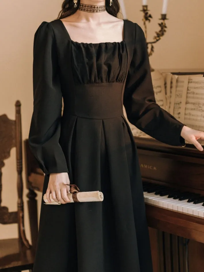 Black long sleeve A-line regency dress