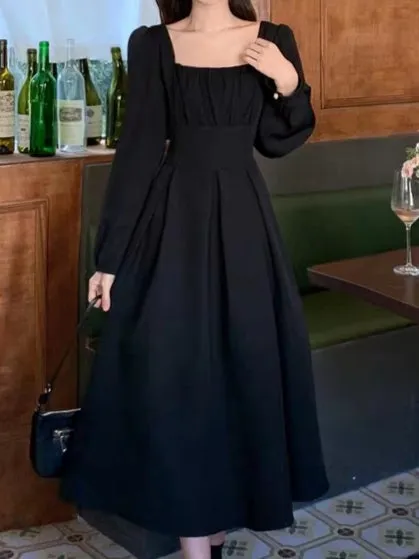 Black long sleeve A-line regency dress