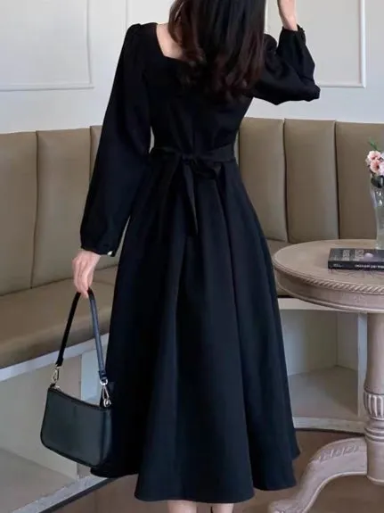 Black long sleeve A-line regency dress