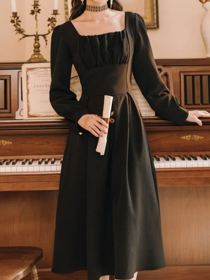 Black long sleeve A-line regency dress