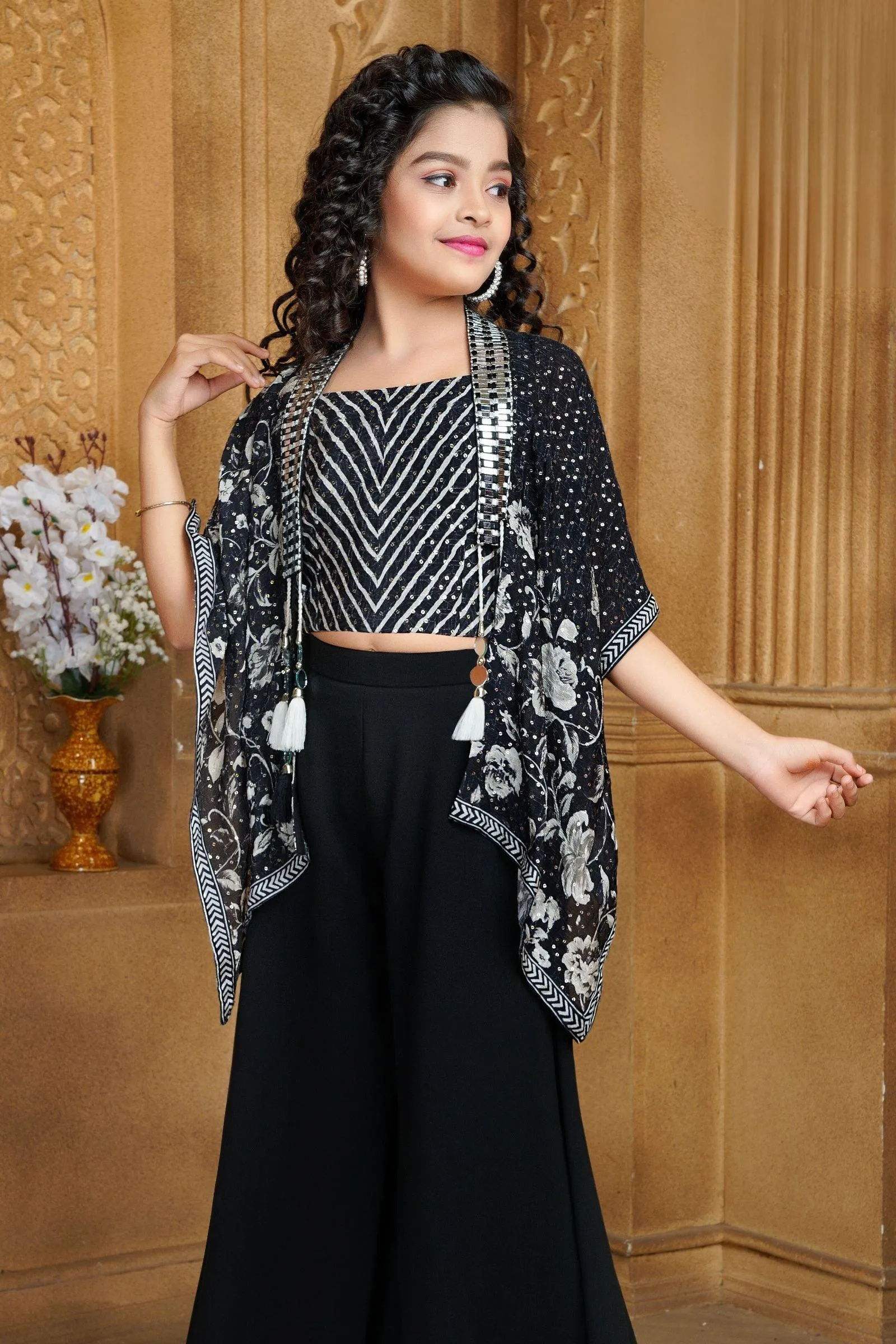 Black Pearl work with Printed Overcoat Styled Sharara Set For Girls