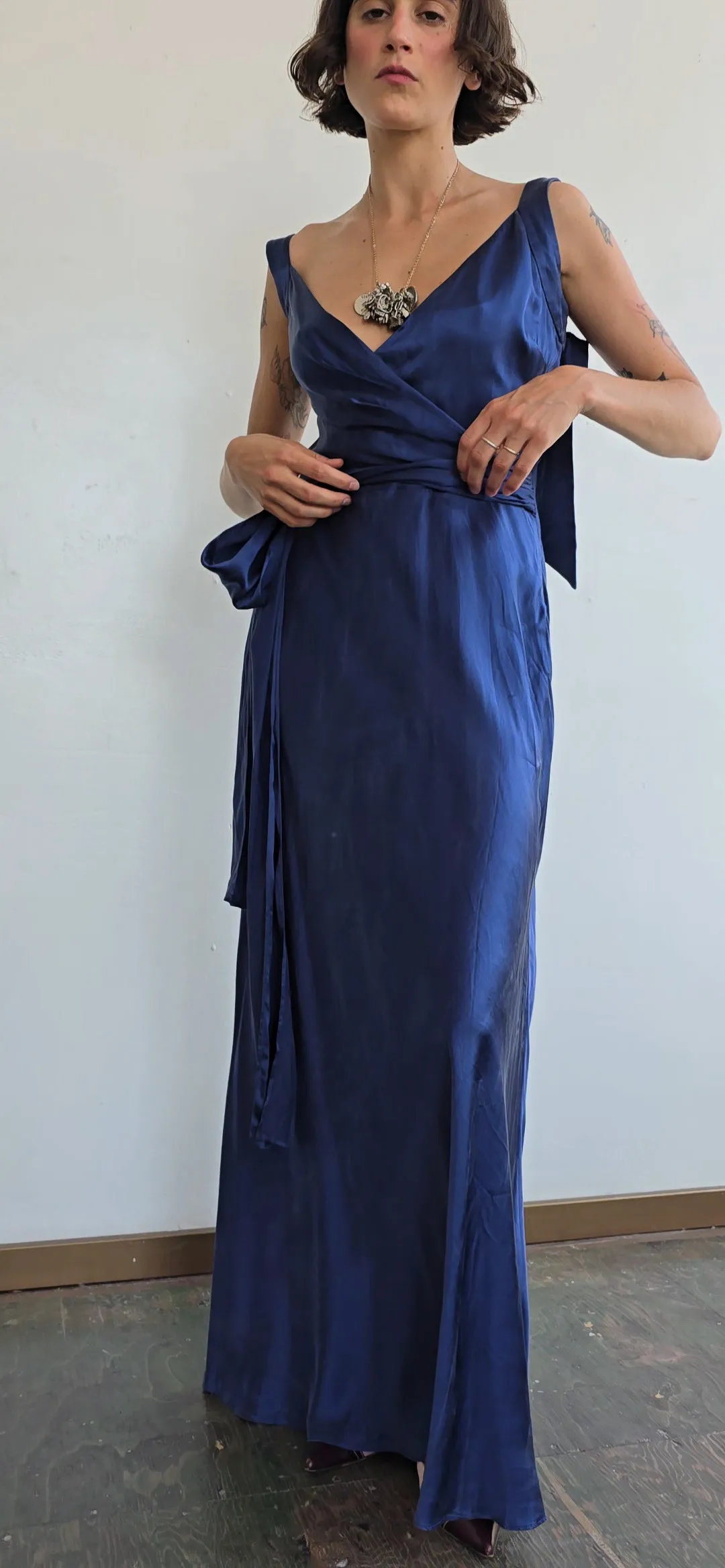 Blue Luxe Silk Charmuese Wrap Dress (M)