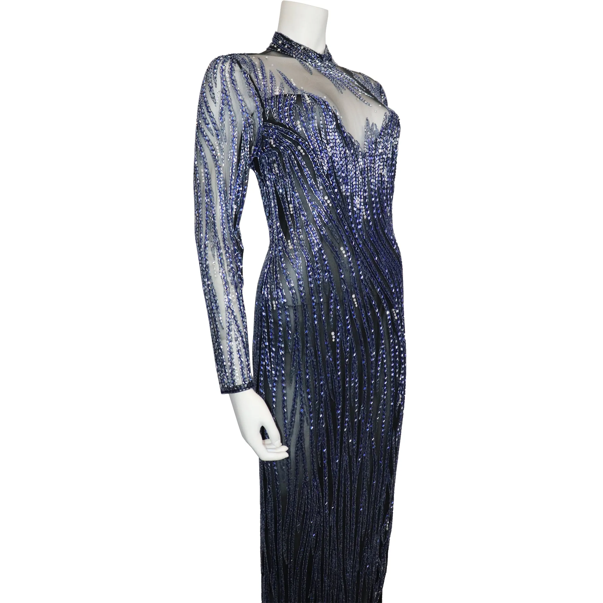 Bob Mackie Black Mesh w/ Blue Beading Long Sleeve High Neck Gown Circa 1990s