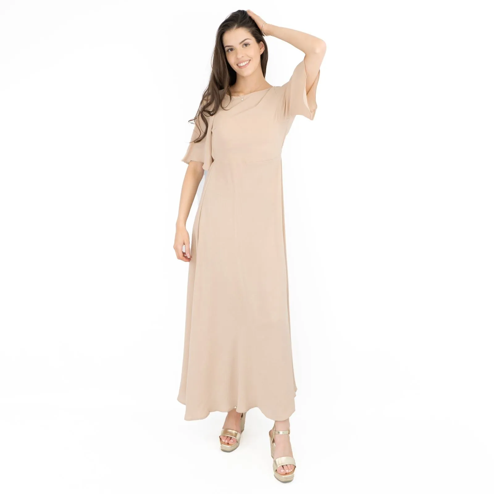 Boohoo Beige Cap Short Sleeve A-line Flare Maxi Dress