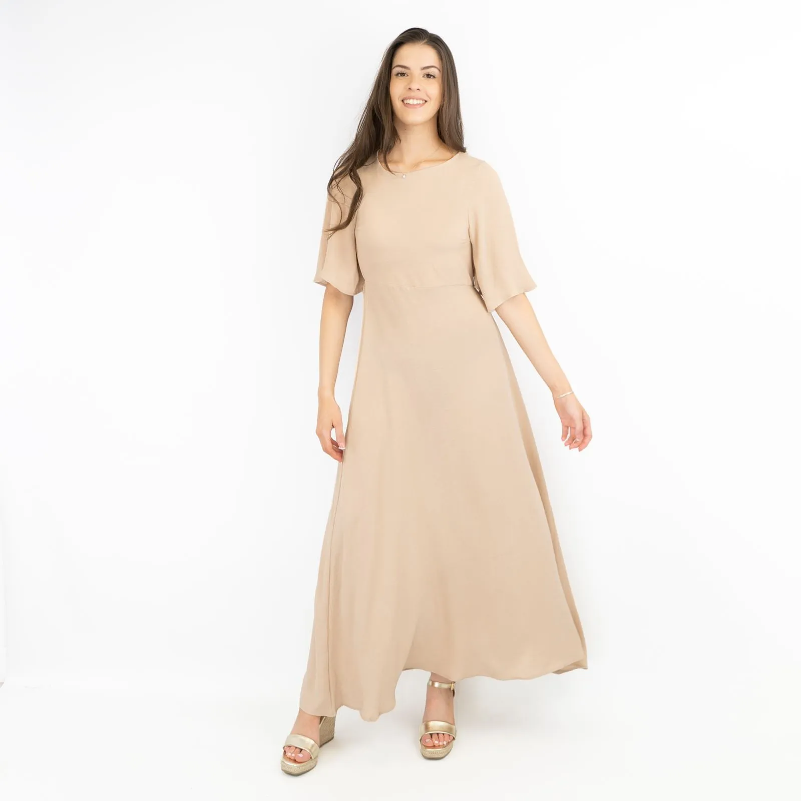 Boohoo Beige Cap Short Sleeve A-line Flare Maxi Dress