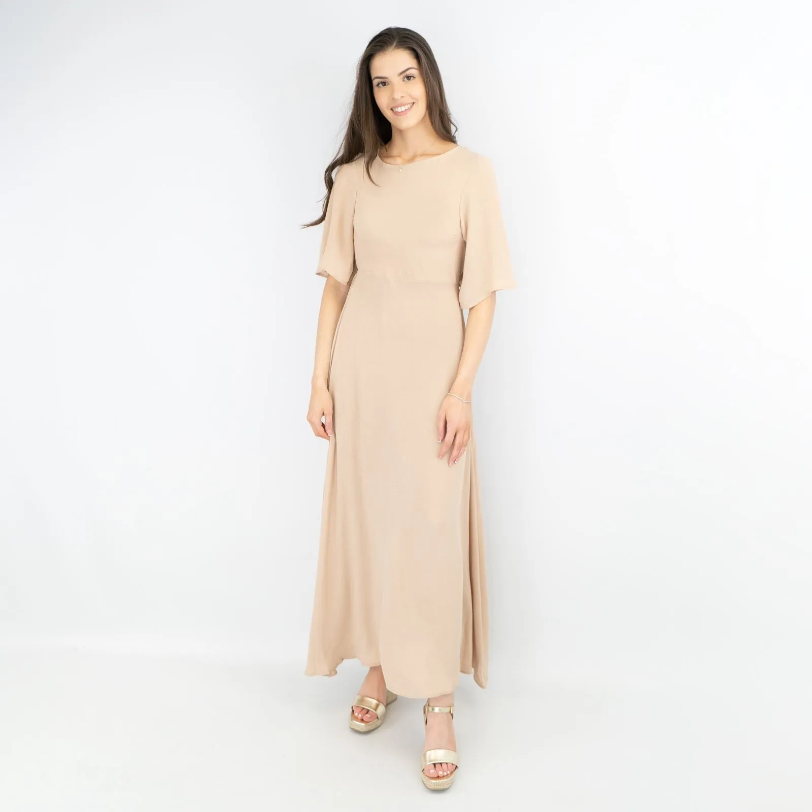 Boohoo Beige Cap Short Sleeve A-line Flare Maxi Dress