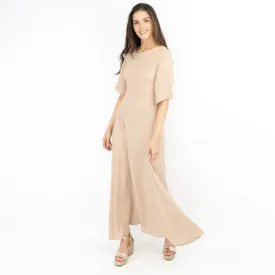 Boohoo Beige Cap Short Sleeve A-line Flare Maxi Dress