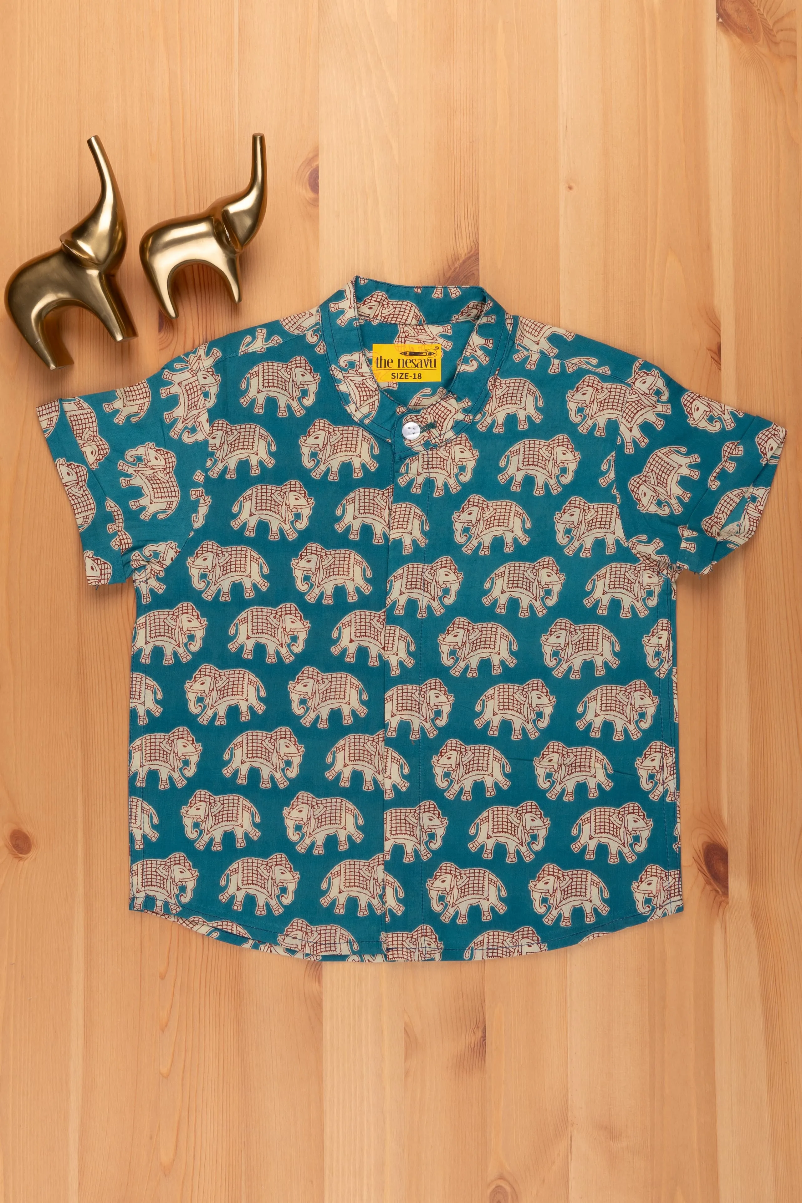 Boys Madhubani Elephant Printed Blue Cotton Shirt by The Nesavu