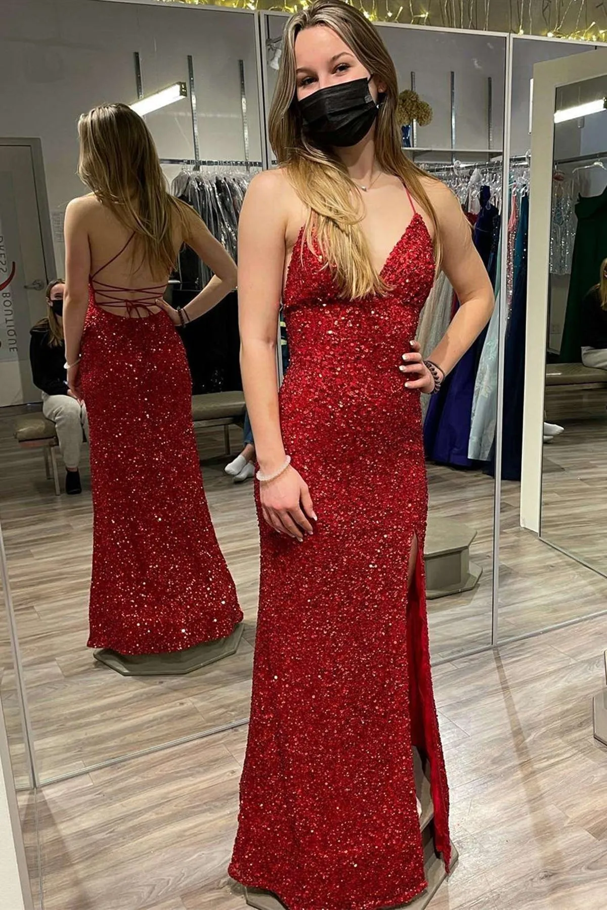 Burgundy Sequins V Neck Backless Mermaid Long Prom Dress with High Slit,Sequin Formal Graduation Evening Dresses