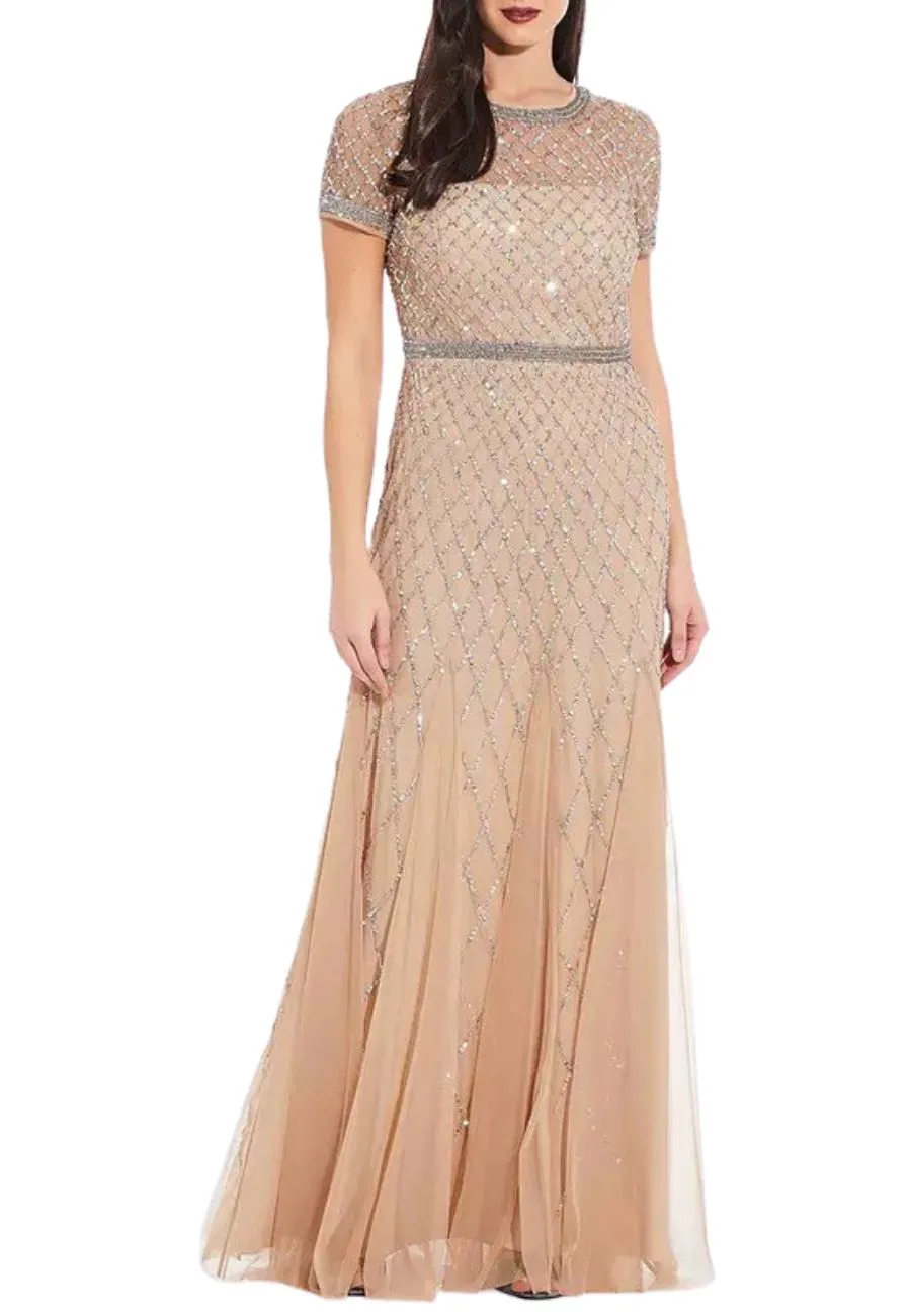 Champagne Gold Embellished Short Sleeves Mermaid Gown