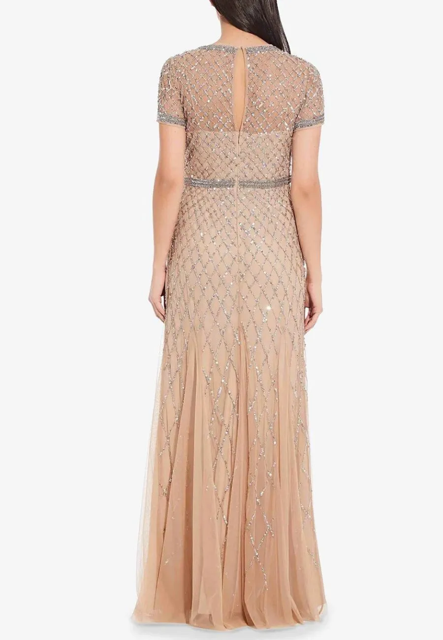 Champagne Gold Embellished Short Sleeves Mermaid Gown