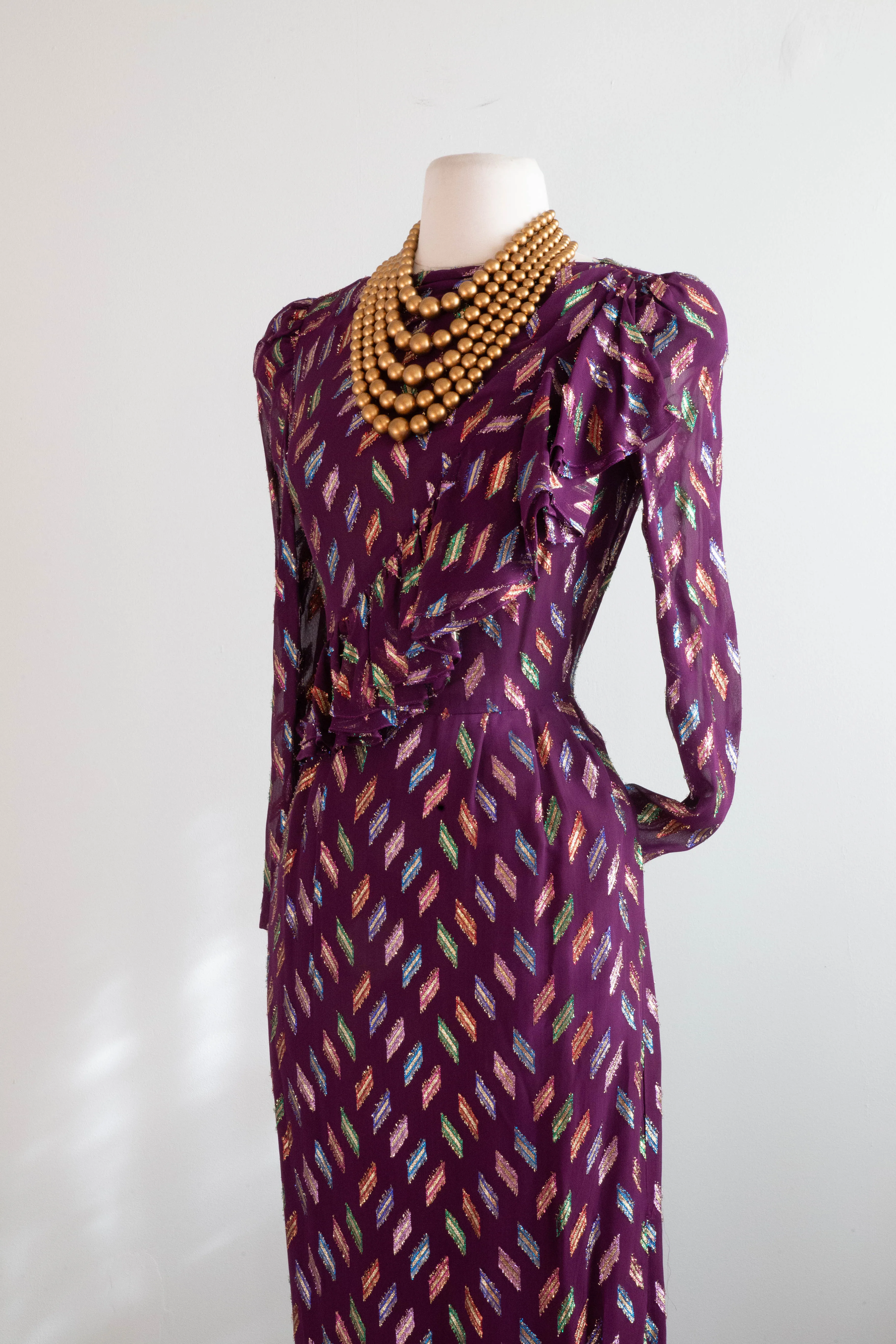 Chic 1970's Plum Chiffon Evening Dress By Mignon / Small