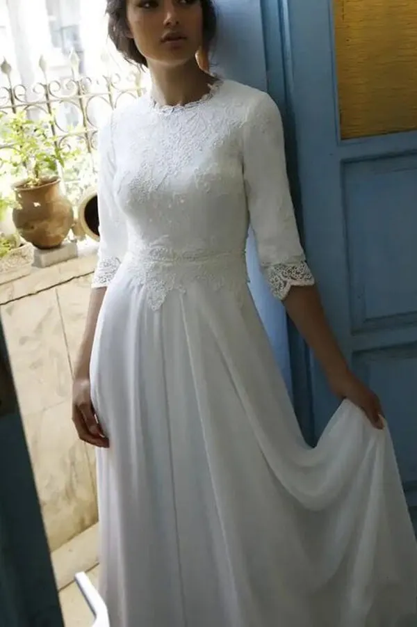 Chiffon Half Sleeves Round Neck Lace Wedding Dresses, Bridal Gown, SW612