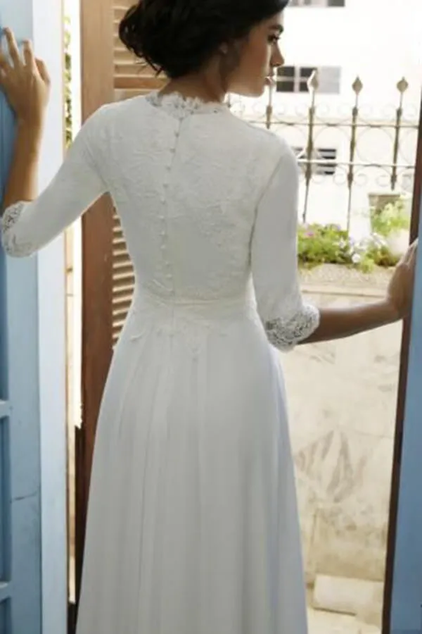 Chiffon Half Sleeves Round Neck Lace Wedding Dresses, Bridal Gown, SW612