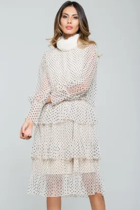 Cream and Black Polka dots Tiered Sheer Skirt Dress