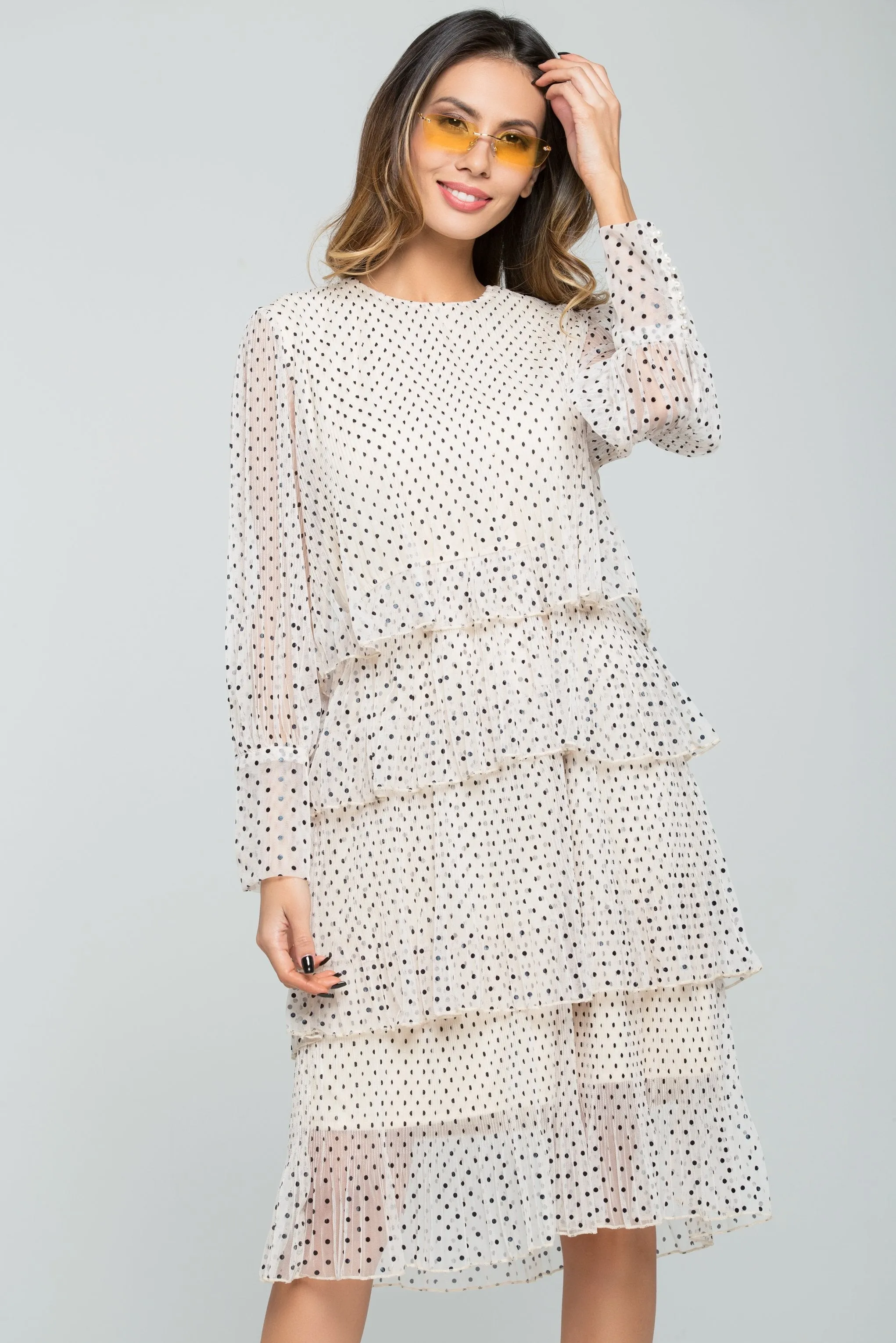 Cream and Black Polka dots Tiered Sheer Skirt Dress