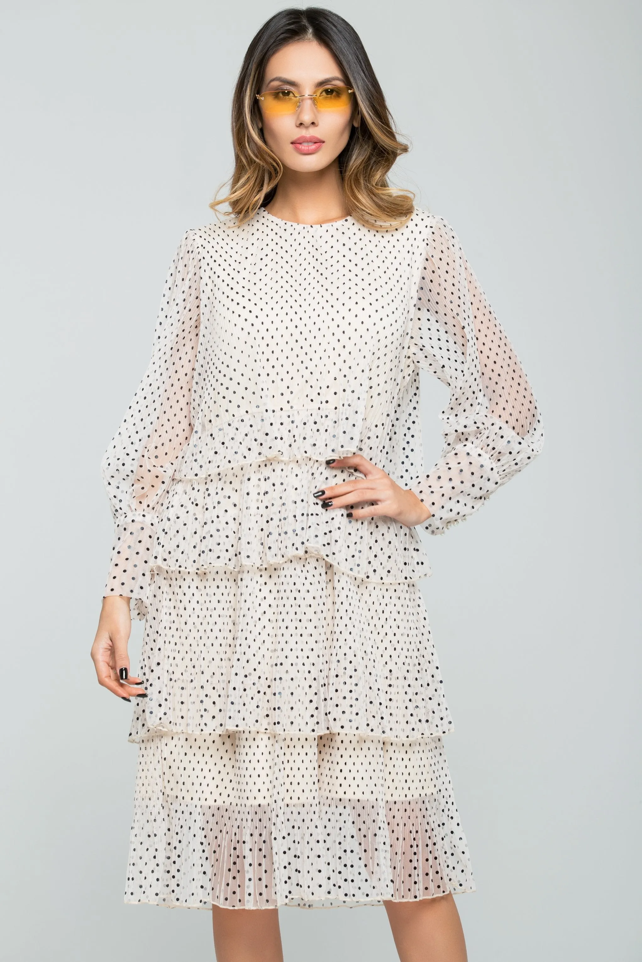 Cream and Black Polka dots Tiered Sheer Skirt Dress