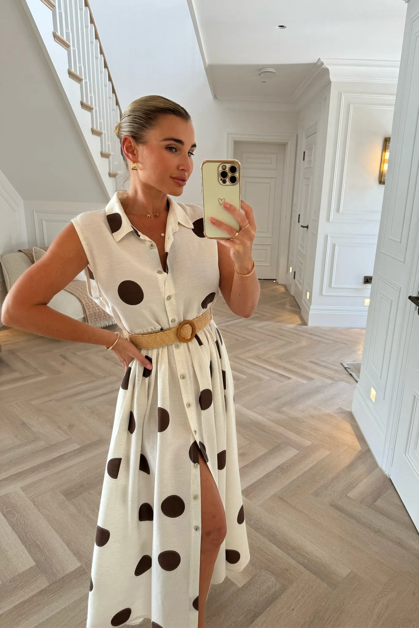 CREAM WITH BROWN POLKA DOT MIDAXI DRESS