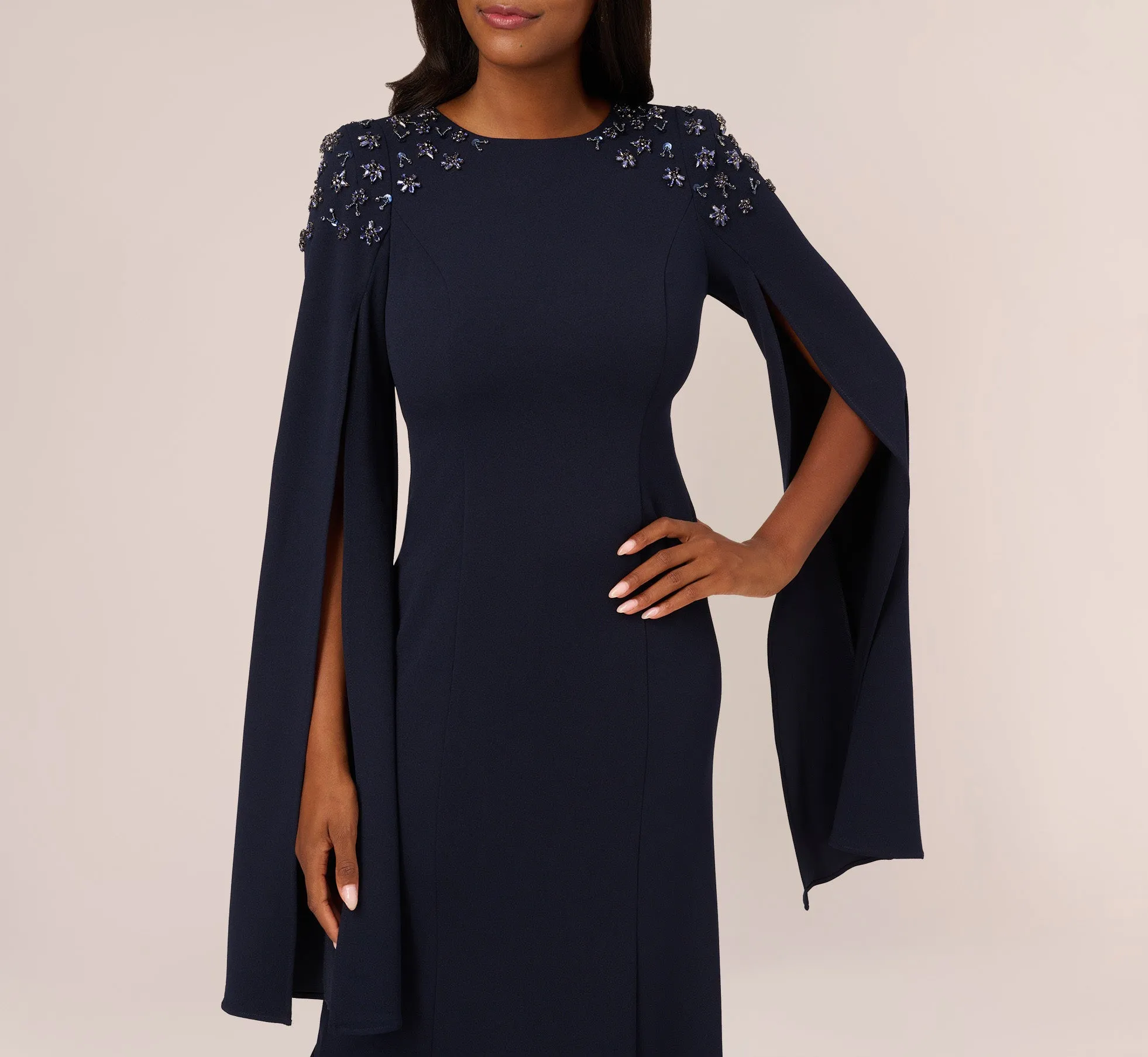 Crepe Mermaid Gown With Beaded Cape Sleeves In Midnight