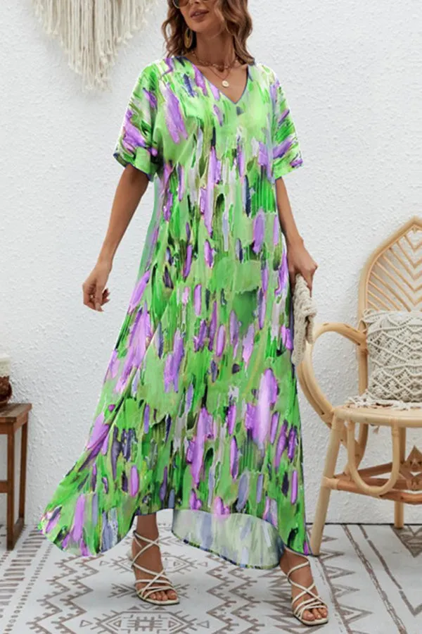 Elegant V-Neck Printed High Waist Loose Swing Dress